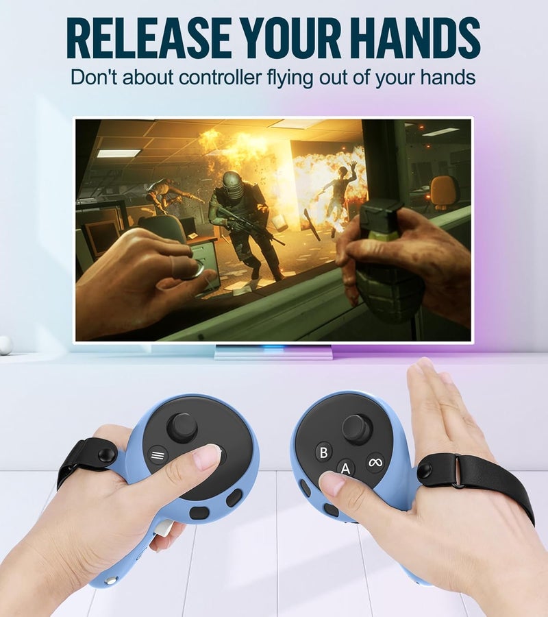 YRXVW مجموعة أغطية سيليكون متوافقة مع ميتا أوكولوس/كويست 3، ملحقات VR، غطاء واقي يشمل مقابض التحكم، غطاء أمامي لسماعة الرأس وغطاء للوجه، غير متوافق مع كويست 3S (أزرق ضبابي) - Image 4